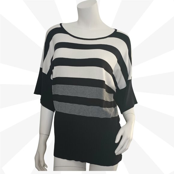 Spense Black Stiped Boat Neck Short Flared Sleeve Sweater Size L Pull On Ribbed - Picture 1 of 8